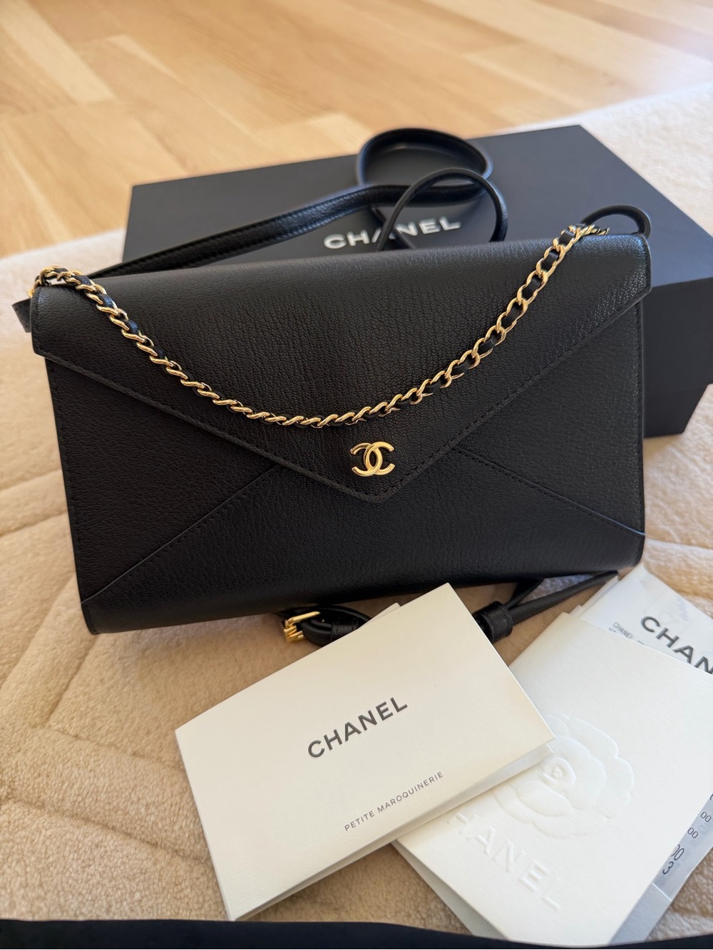 CHANEL Black Caviar Leather Envelope Crossbody with Gold Chain NEW